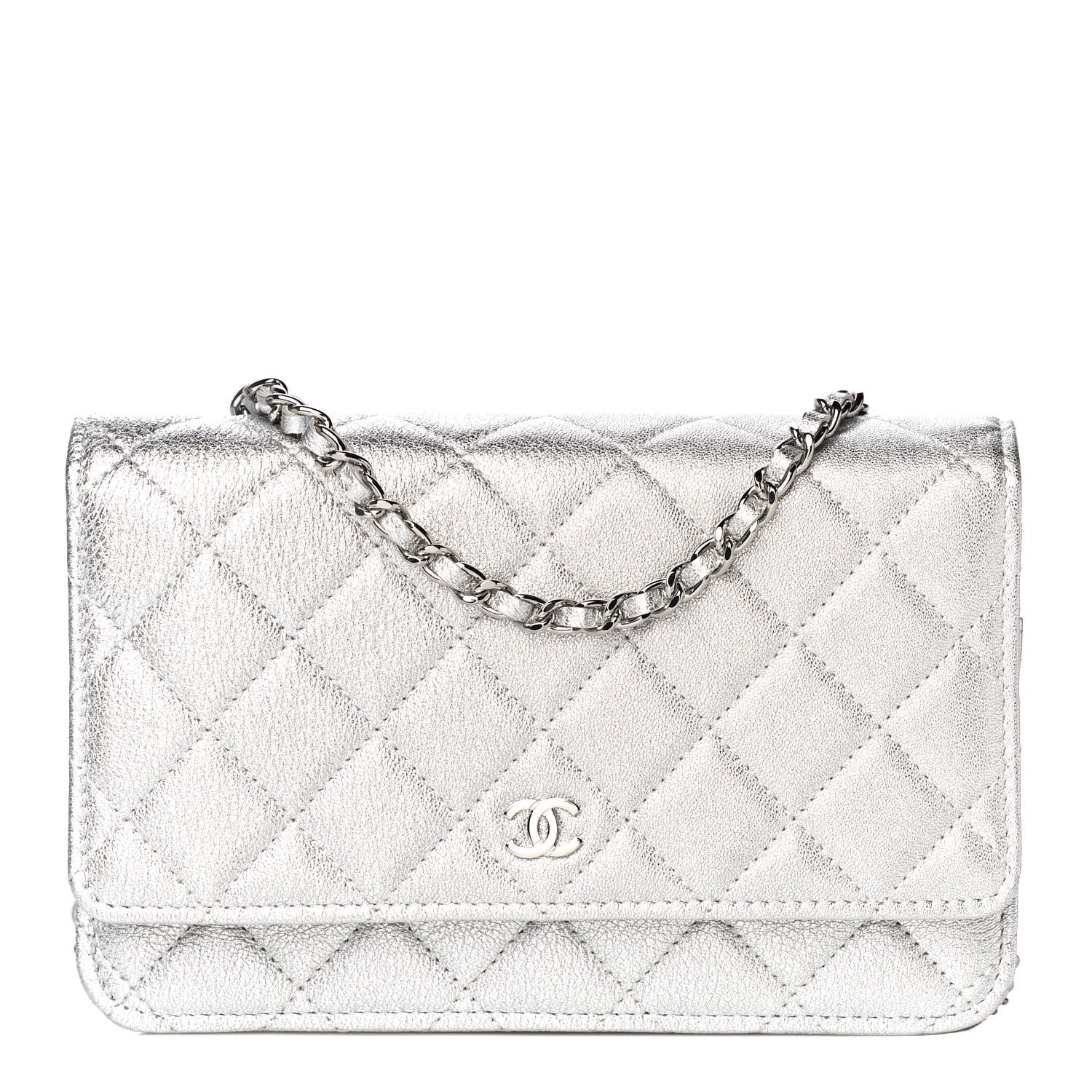 Chanel Metallic Lambskin Quilted Wallet On Chain WOC Silver 1 of 12