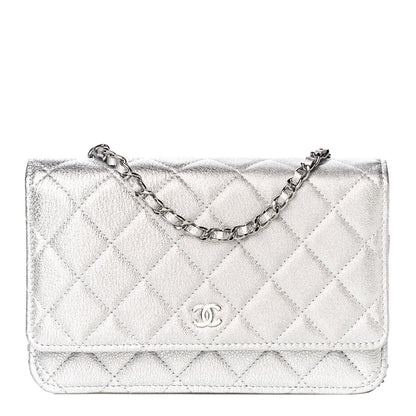Chanel Metallic Lambskin Quilted Wallet On Chain WOC Silver 1 of 12