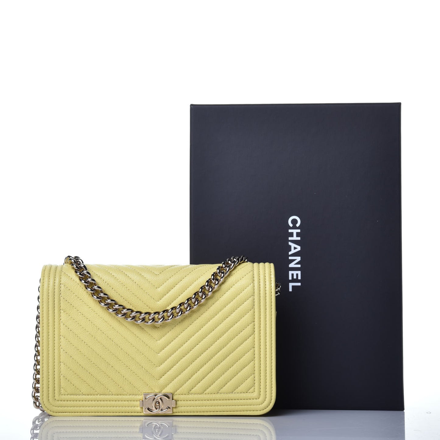 Caviar Chevron Quilted Boy Wallet On Chain WOC Yellow