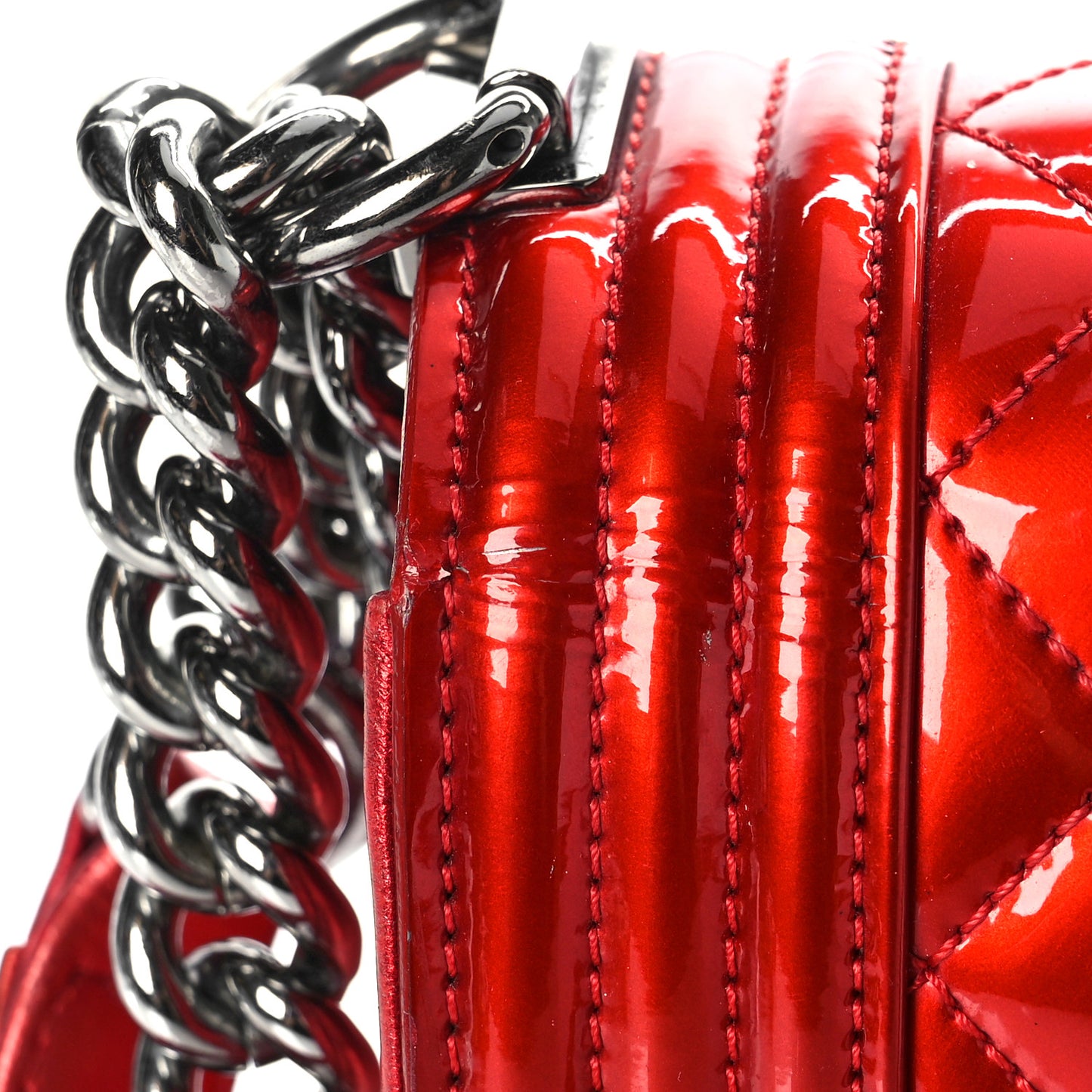 Metallic Patent Calfskin Quilted Medium Boy Flap Red