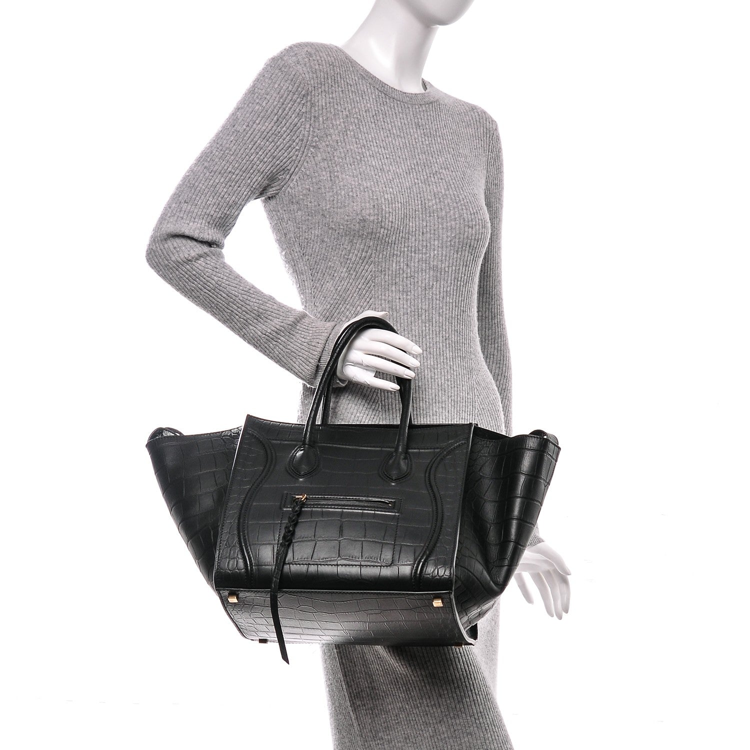 Celine Crocodile Embossed Calfskin Medium Phantom Luggage Black 2 of 6