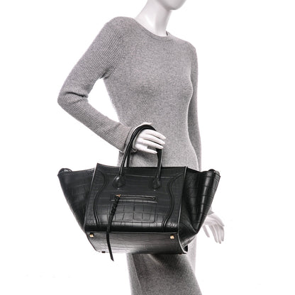 Celine Crocodile Embossed Calfskin Medium Phantom Luggage Black 2 of 6