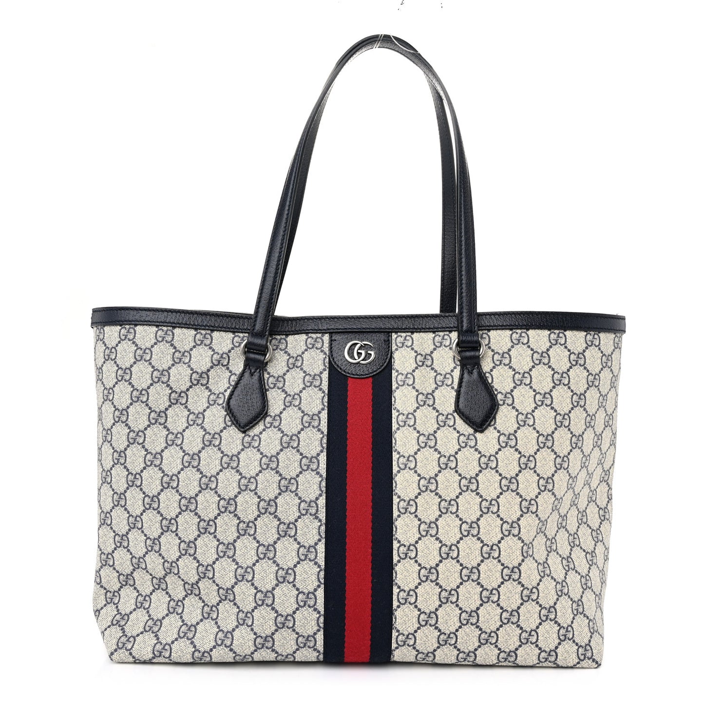 GG Supreme Monogram Textured Calfskin Web Medium Ophidia Shopping Tote Beige Blue