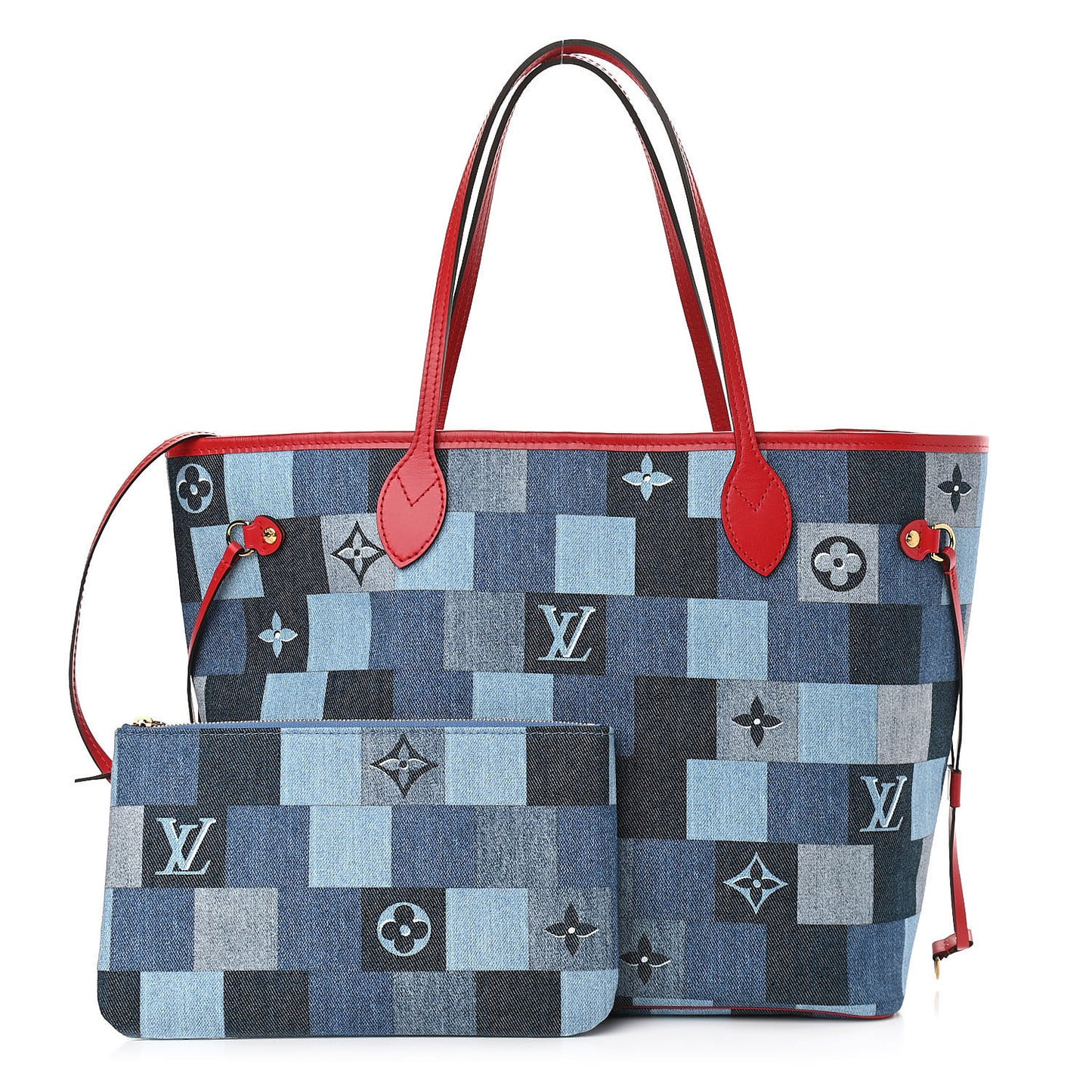Denim Damier Monogram Patchwork Neverfull Blue Rouge