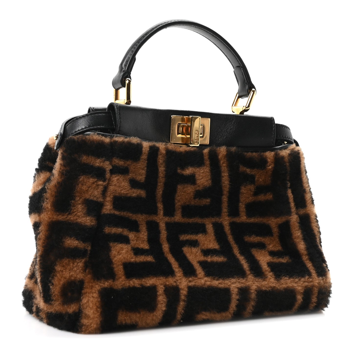 Shearling Nappa Macro FF 1974 Mini Peekaboo Iconic Satchel Tobacco Black