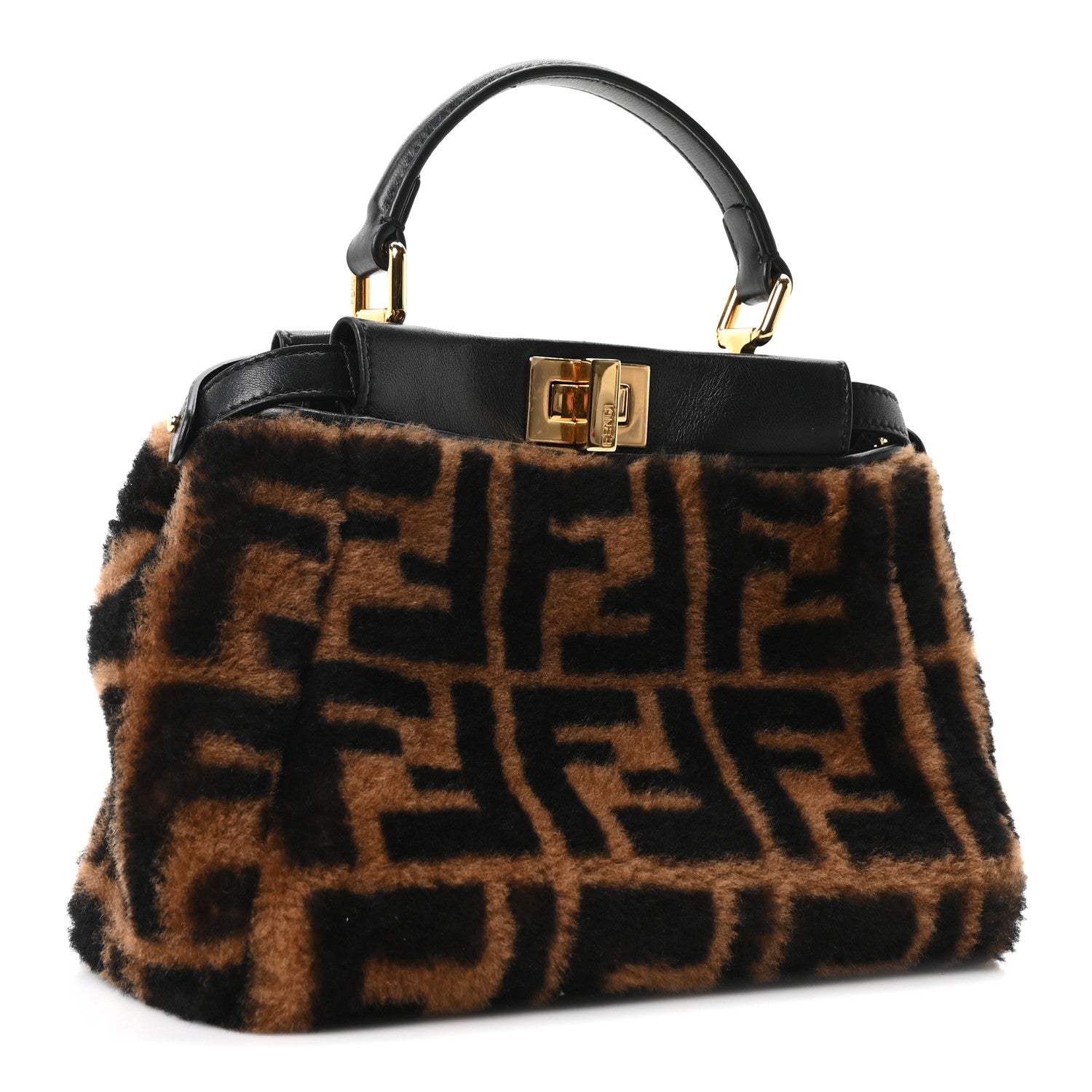 Fendi Shearling Nappa Macro FF 1974 Mini Peekaboo Iconic Satchel Tobacco Black 3 of 10