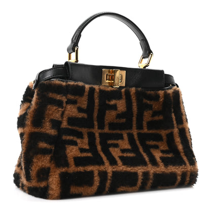 Fendi Shearling Nappa Macro FF 1974 Mini Peekaboo Iconic Satchel Tobacco Black 3 of 10