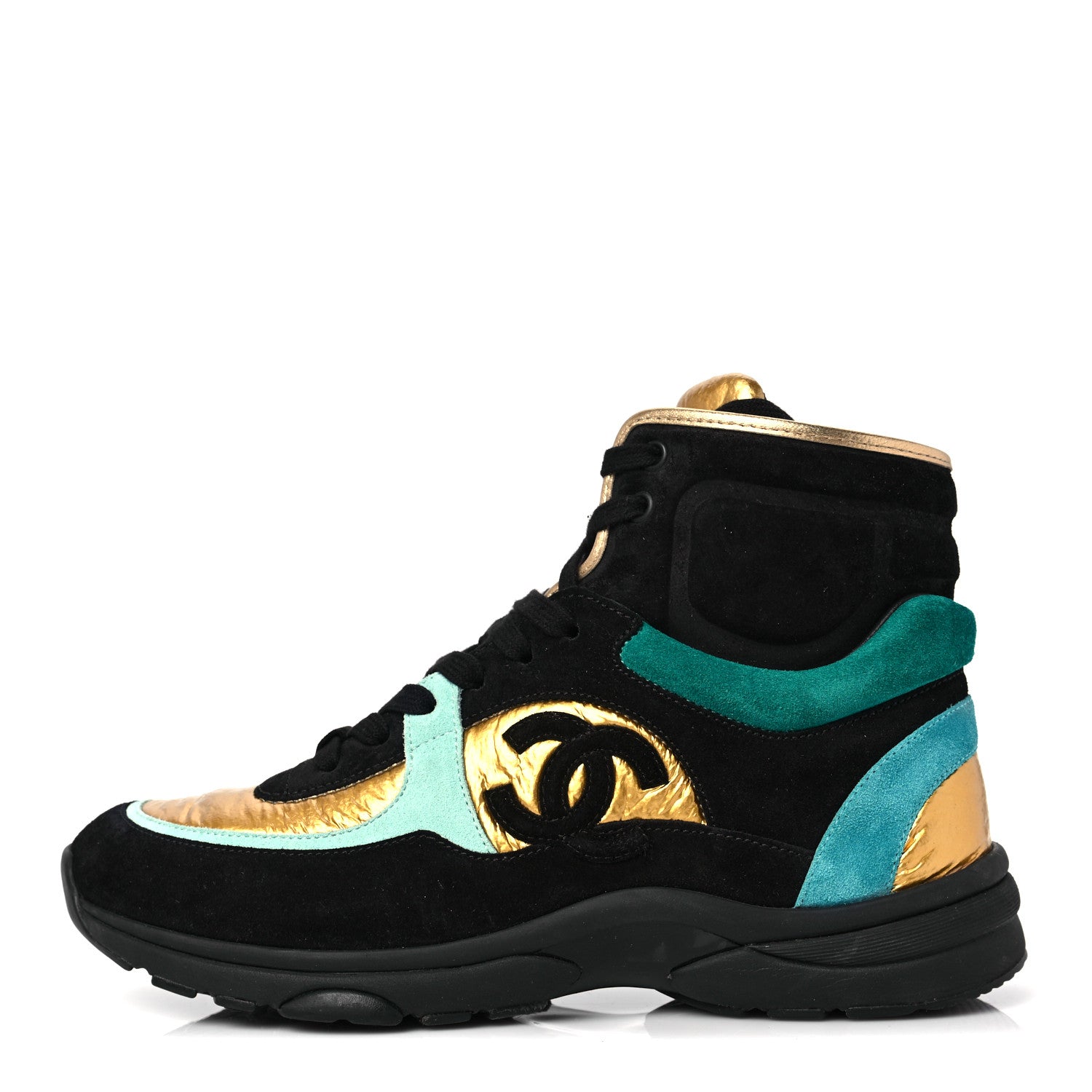 Chanel Suede Calfskin Fabric CC High Top Sneakers 39.5 Black Turquoise Gold 1 of 7