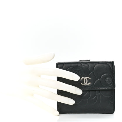 Chanel Lambskin Camellia Embossed Small Double Wallet Black 2 of 17