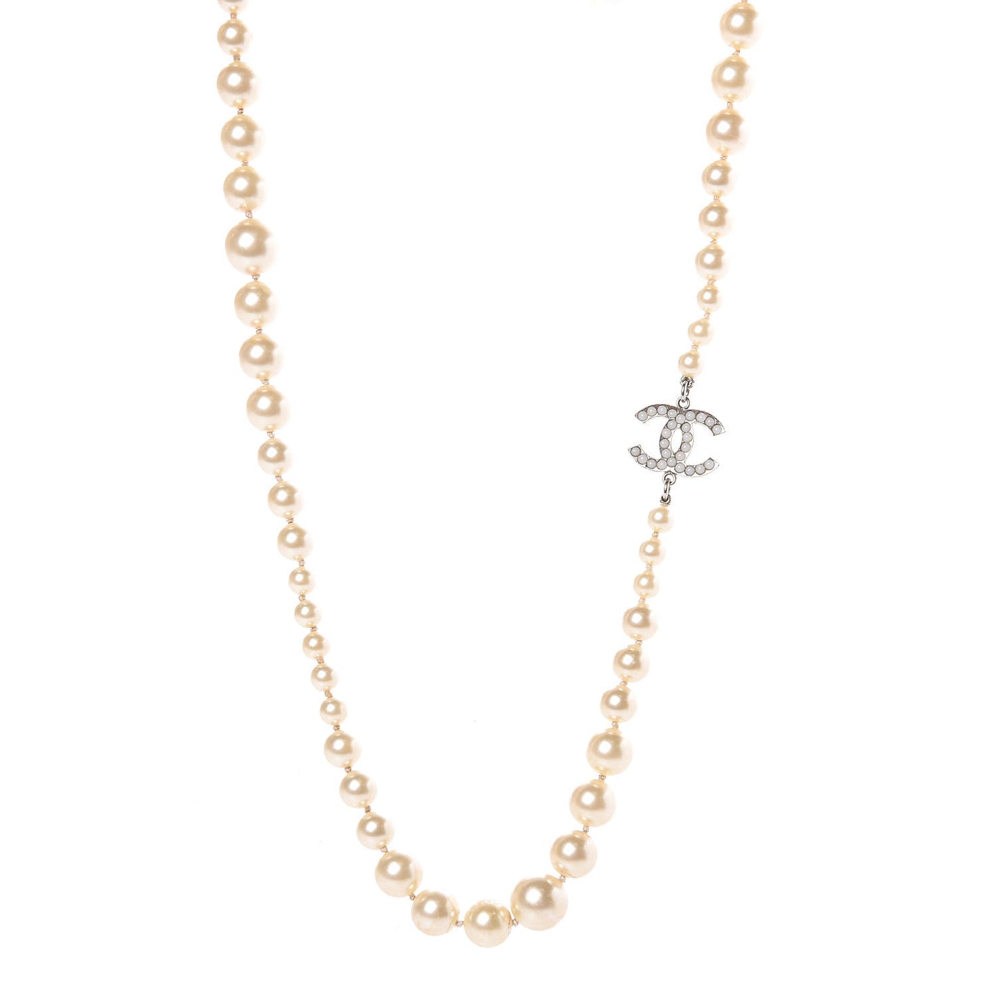 Graduated Pearl CC Long Necklace Silver