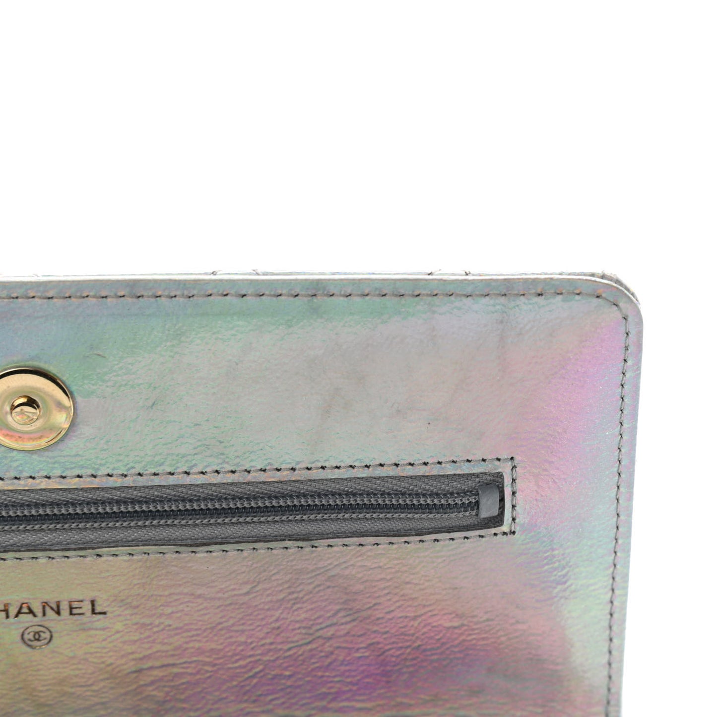 Iridescent Goatskin Quilted Wallet On Chain WOC Silver