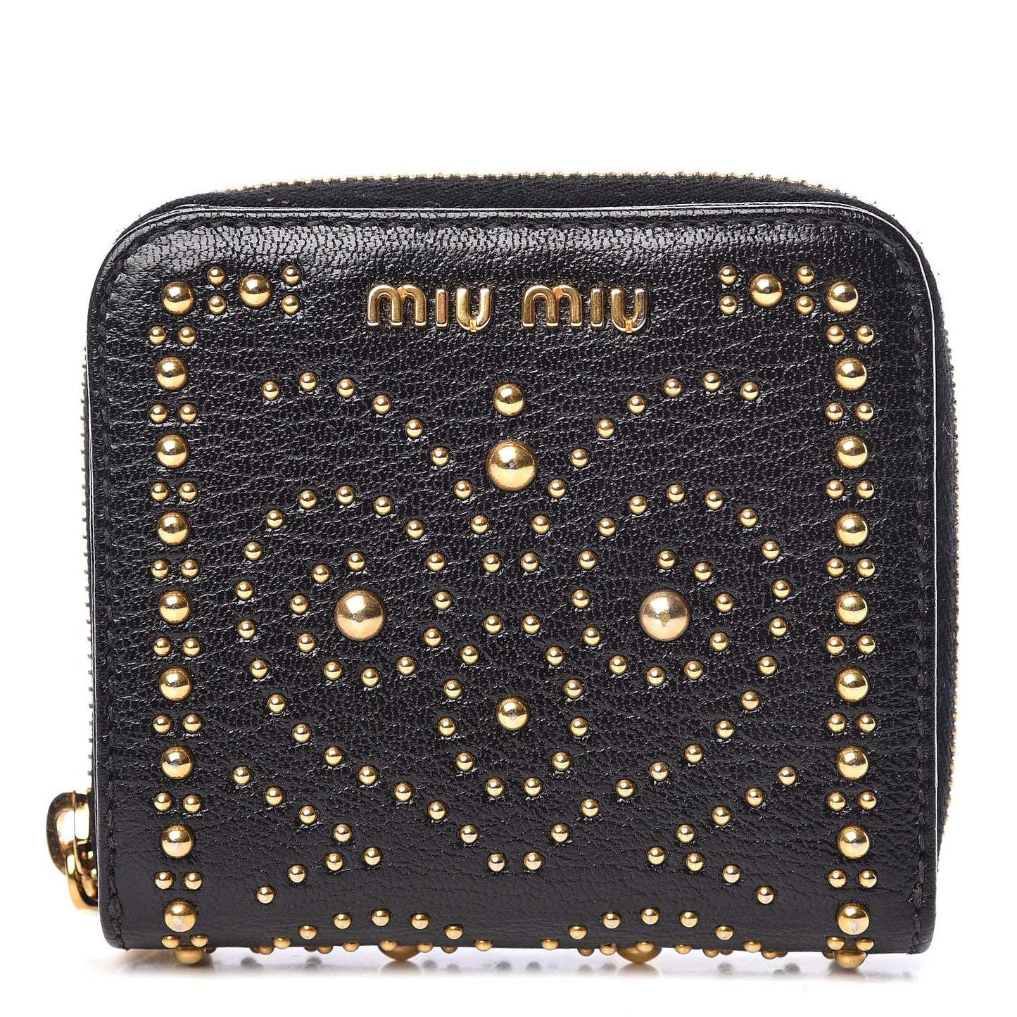 Goatskin Studded Madras Zip Compact Wallet Black