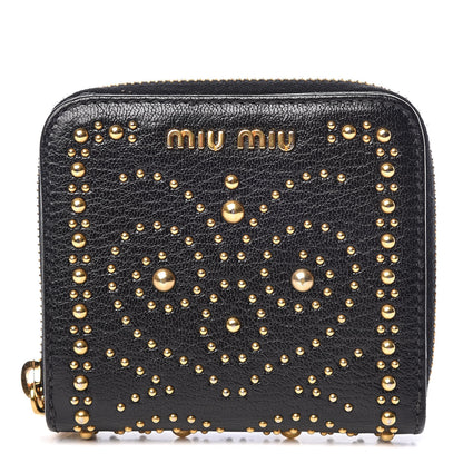 Miu Miu Goatskin Studded Madras Zip Compact Wallet Black 1 of 7