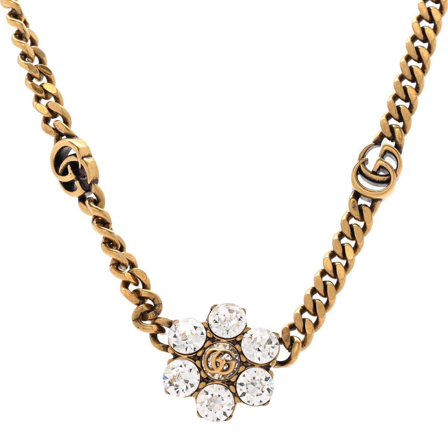 Gucci Crystal Double G Flower Chain Necklace Aged Gold 4 of 5