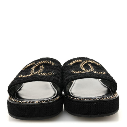 Chanel Wool Alpaca Chain CC Slide Sandals 40 Black 3 of 9