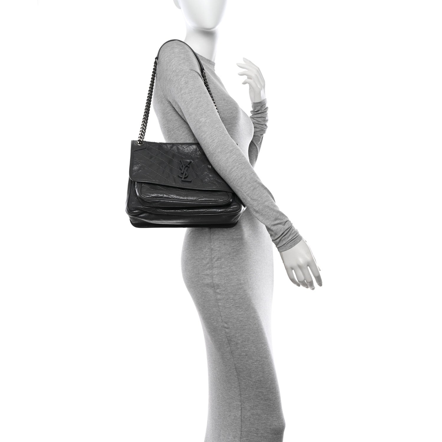 Saint Laurent Crinkled Calfskin Matelasse Monogram Medium Niki Chain Satchel Fog 3 of 11