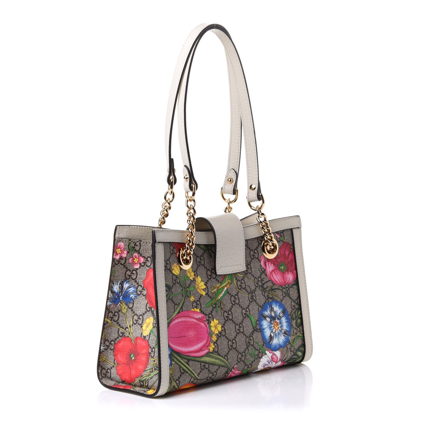 GG Supreme Monogram Flora Textured Calfskin Small Padlock Tote Beige Ebony Multicolor Mystic White