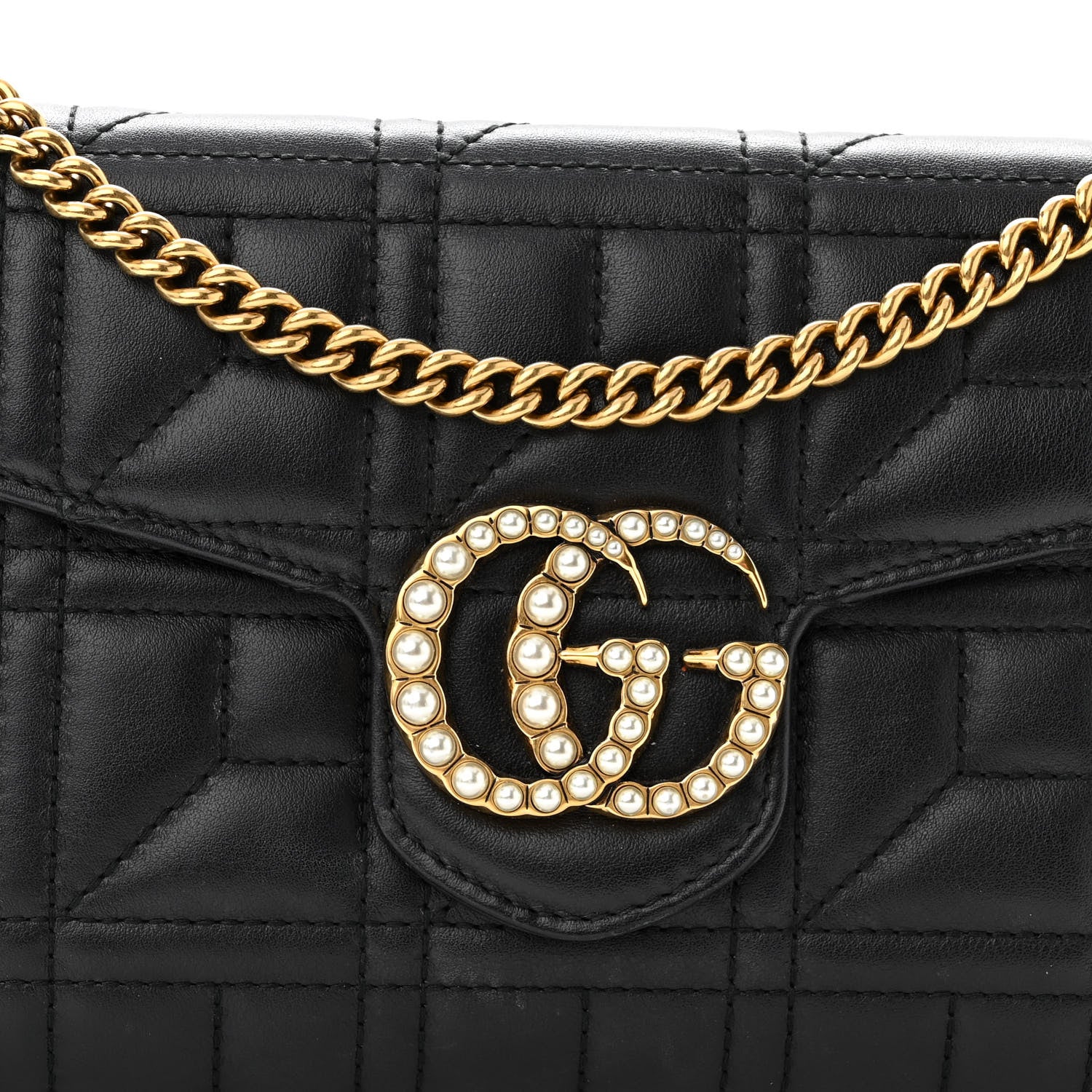 Gucci Calfskin Matelasse Mini Pearly GG Marmont Chain Wallet Black 7 of 9