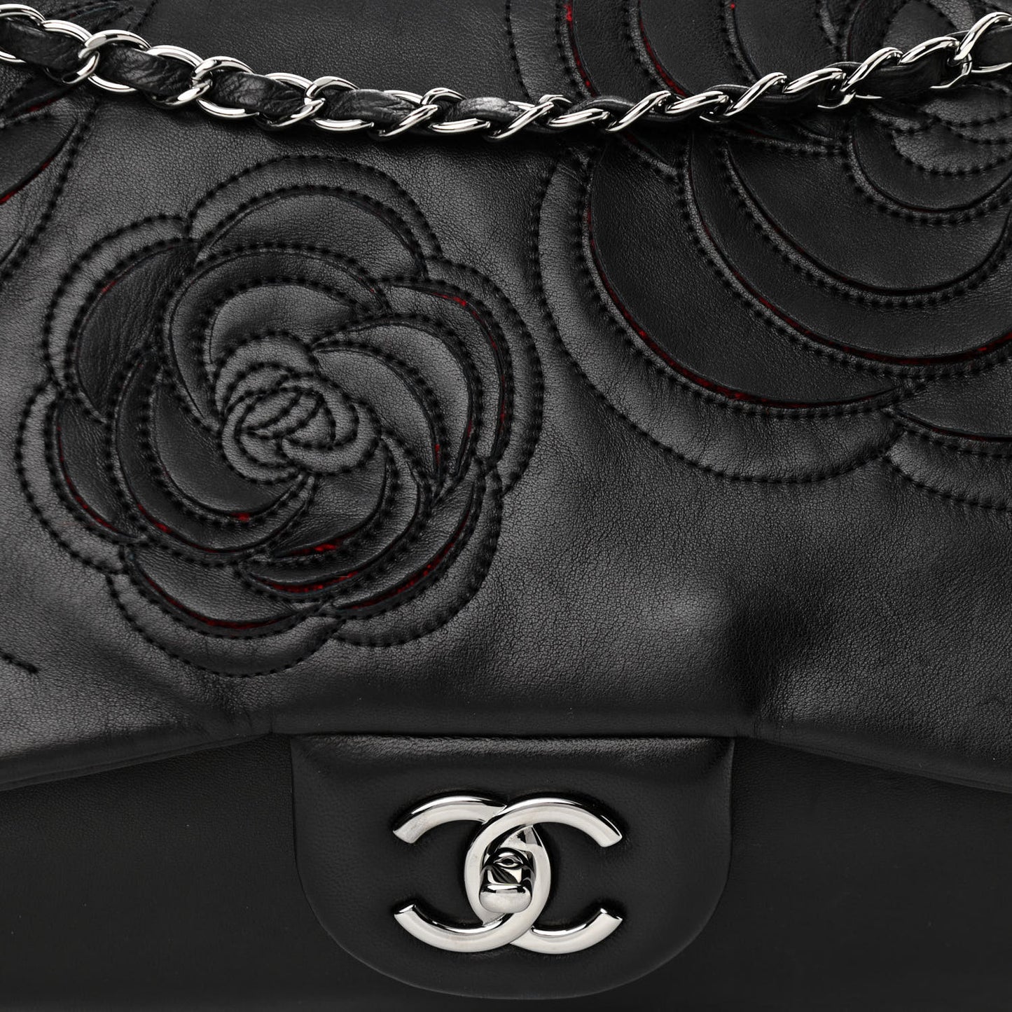 Lambskin Tweed Maxi Camellia Petals Flap Black