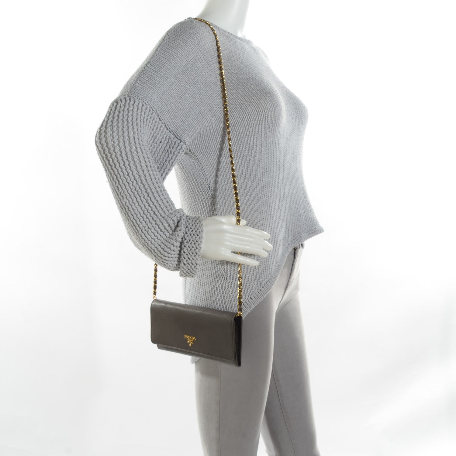 Prada Saffiano Metal Oro Chain Wallet Grafite 2 of 8