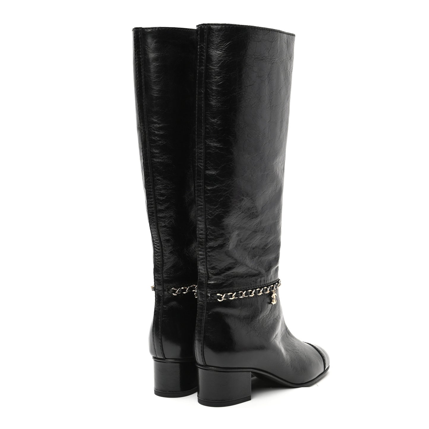 Crumpled Calfskin Cap Toe Chain Tall Boots 35.5 Black
