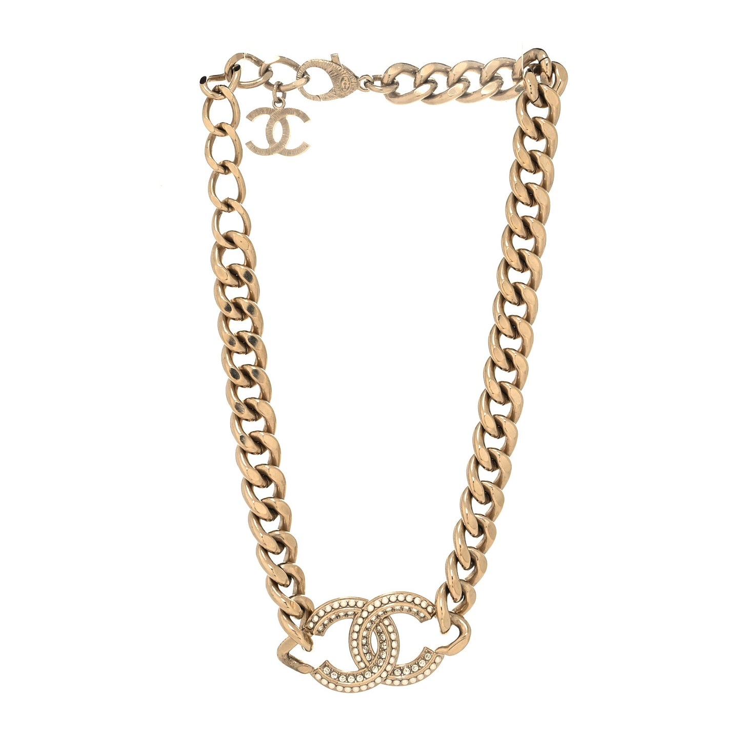 Crystal Pearl CC Chain Link Choker Necklace Gold