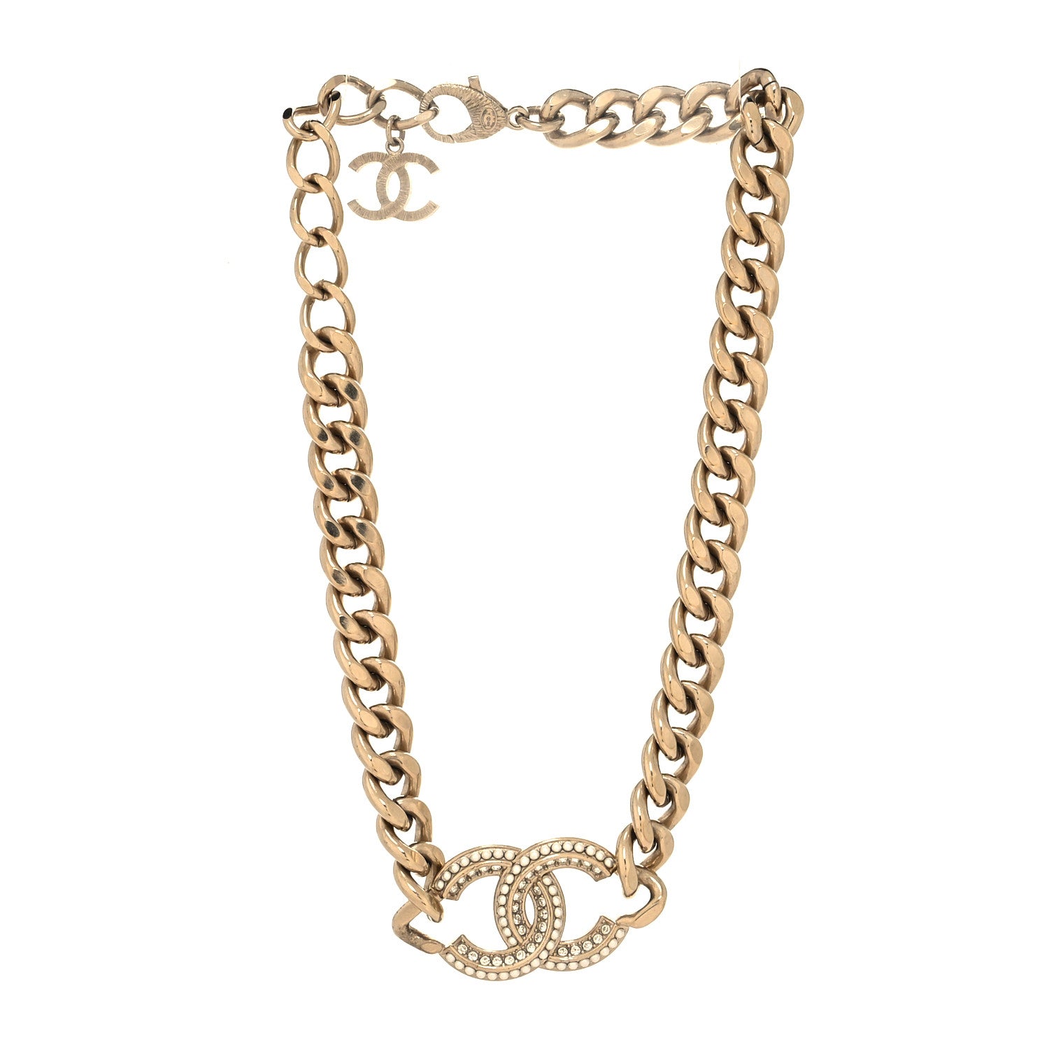 Chanel Crystal Pearl CC Chain Link Choker Necklace Gold 3 of 5