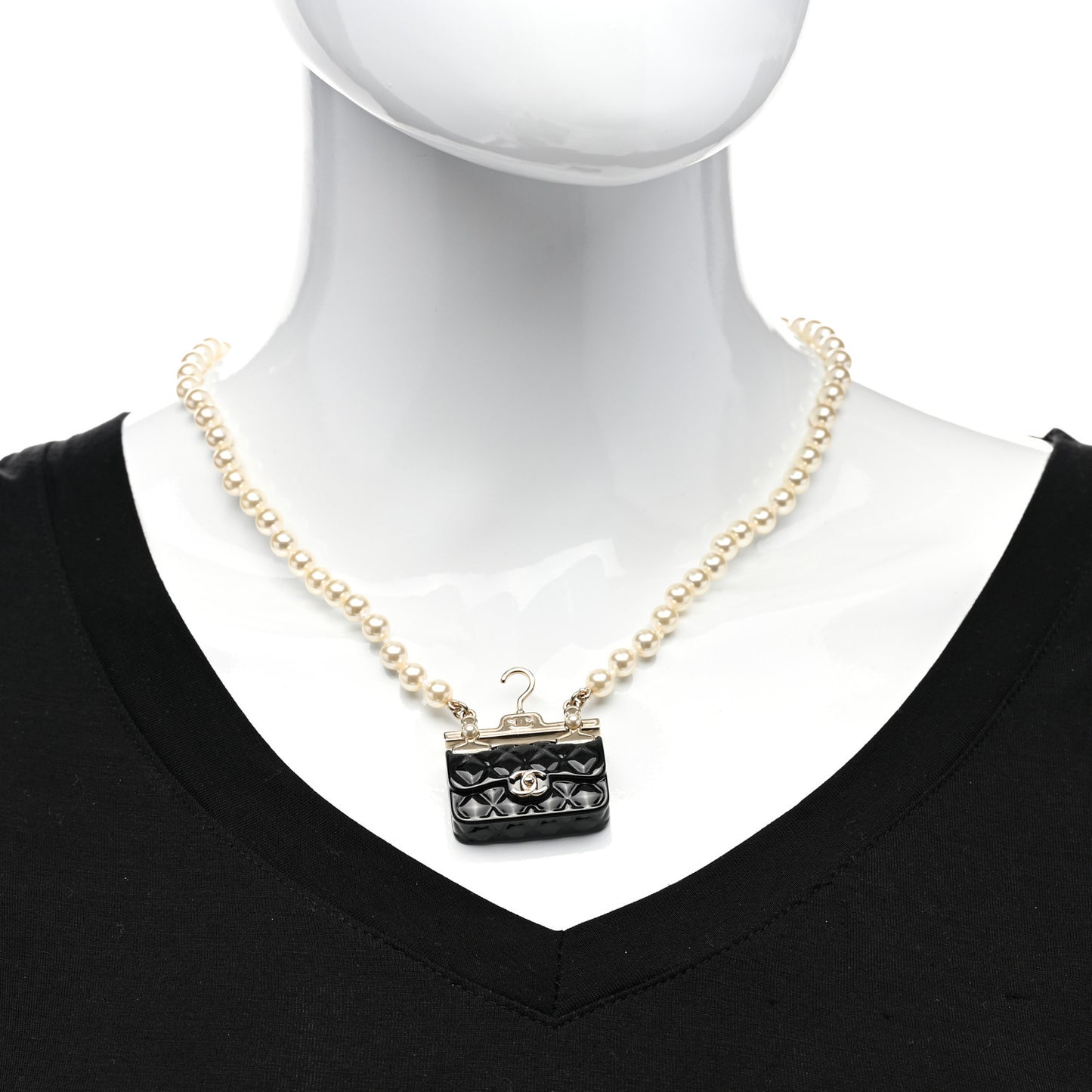 Pearl Metal Resin Quilted Flap Bag Necklace Gold Black Pearly White