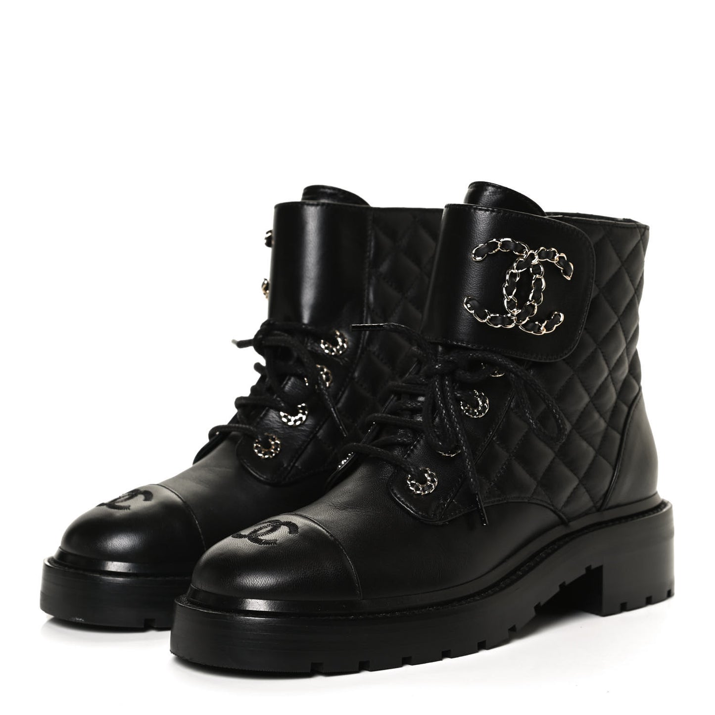 Shiny Lambskin Quilted Lace Up Combat Boots 37 Black