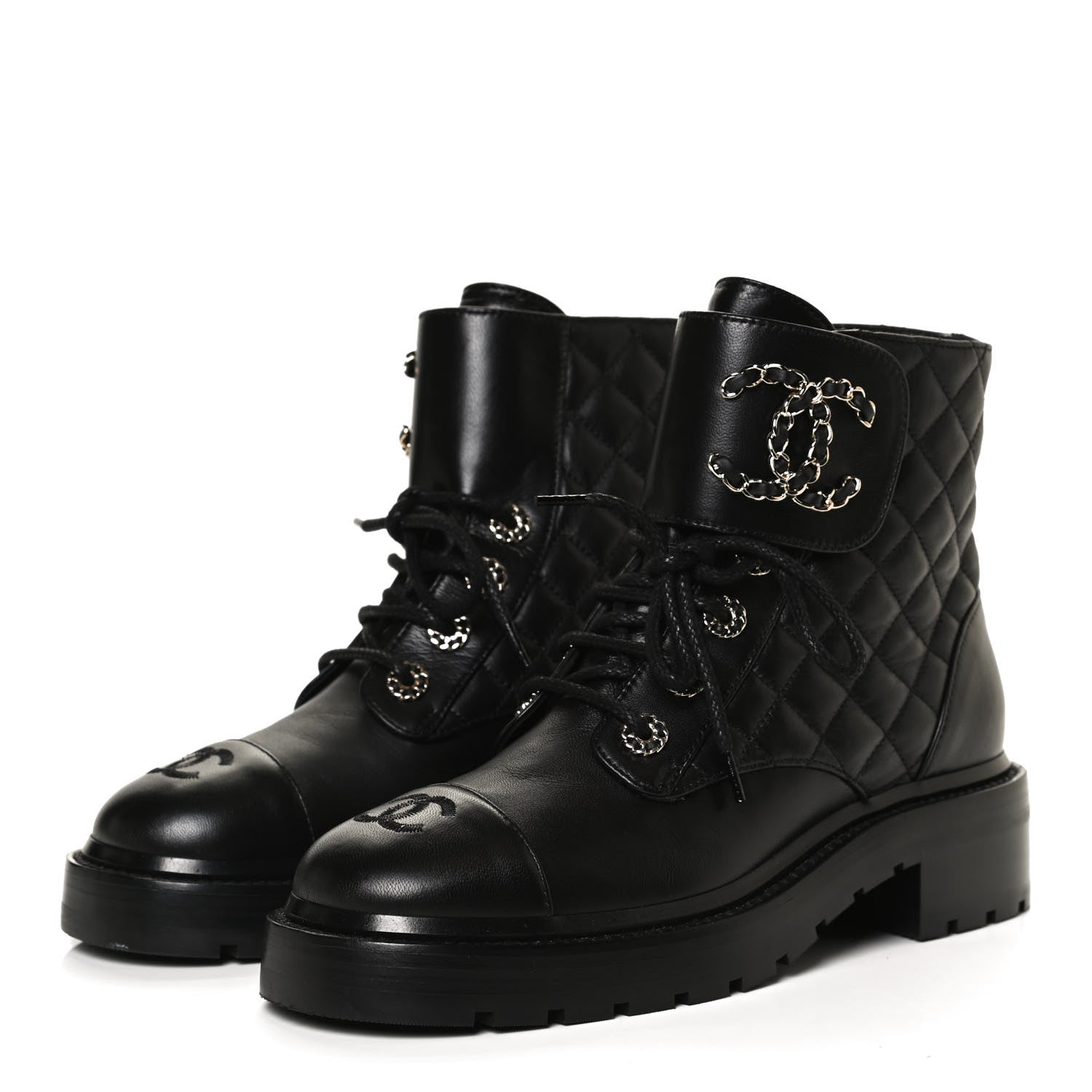 Chanel Shiny Lambskin Quilted Lace Up Combat Boots 37 Black 3 of 12