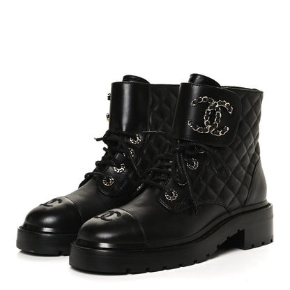 Chanel Shiny Lambskin Quilted Lace Up Combat Boots 37 Black 3 of 12