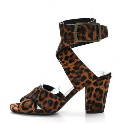 Saint Laurent Ponyhair Leopard Print Oak 75 Ankle Strap Sandals 37.5 Brown 1 of 8