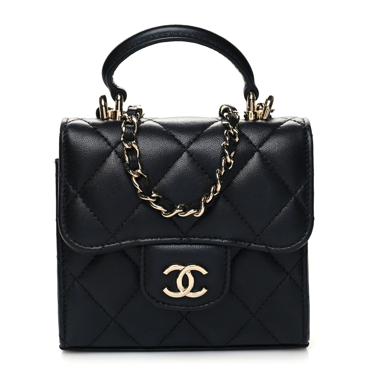 Lambskin Quilted Top Handle Flap Clutch With Chain Black