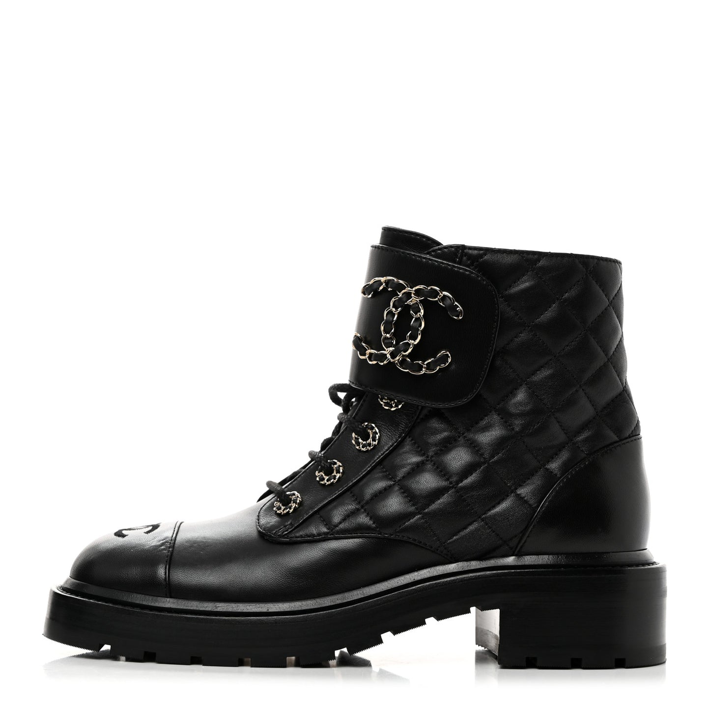 Shiny Lambskin Quilted Lace Up Combat Boots 38.5 Black