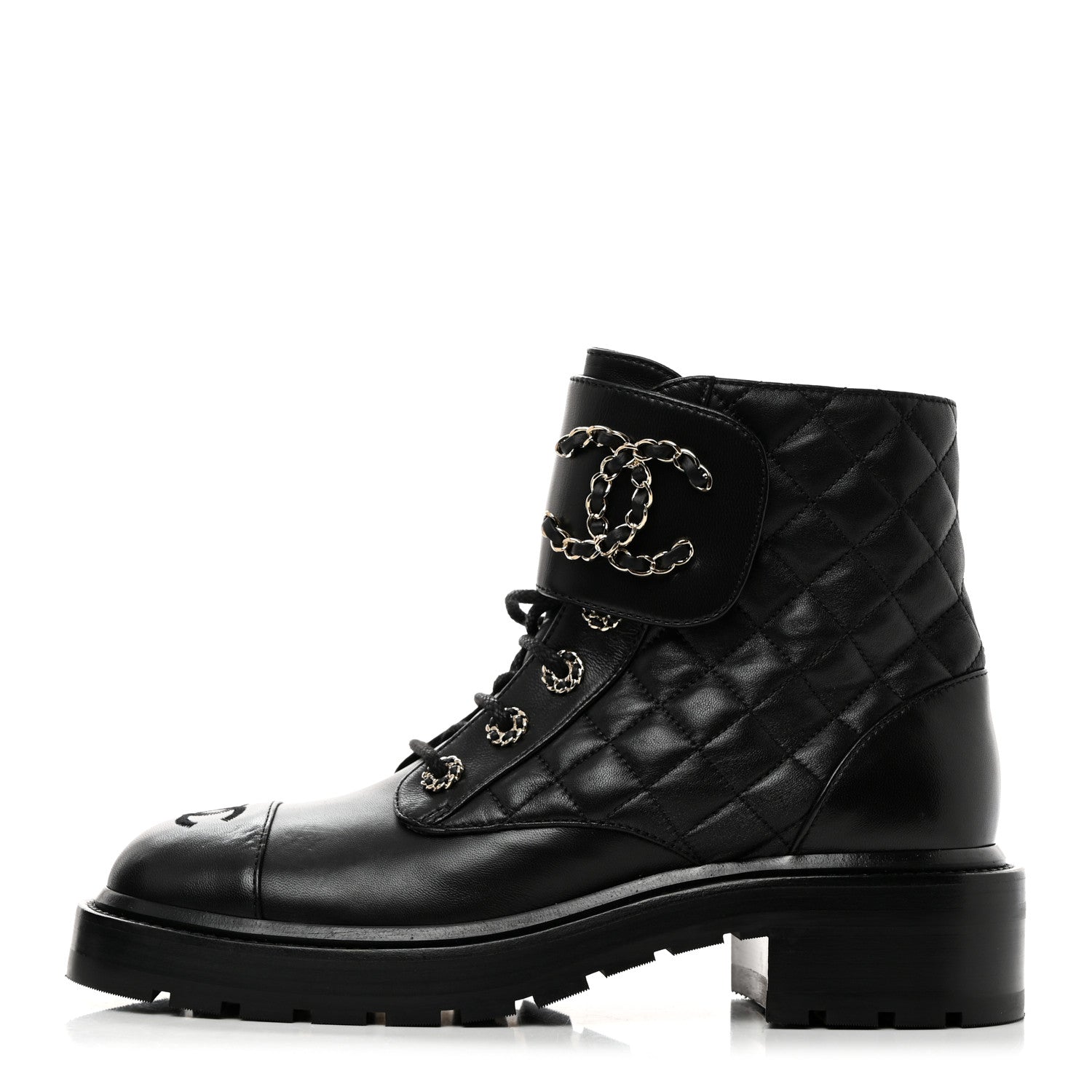 Chanel Shiny Lambskin Quilted Lace Up Combat Boots 38.5 Black 1 of 8