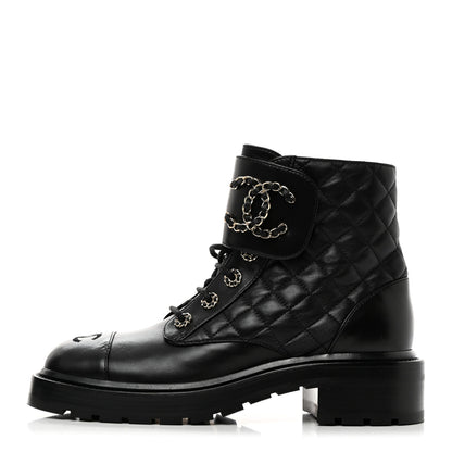 Chanel Shiny Lambskin Quilted Lace Up Combat Boots 38.5 Black 1 of 8