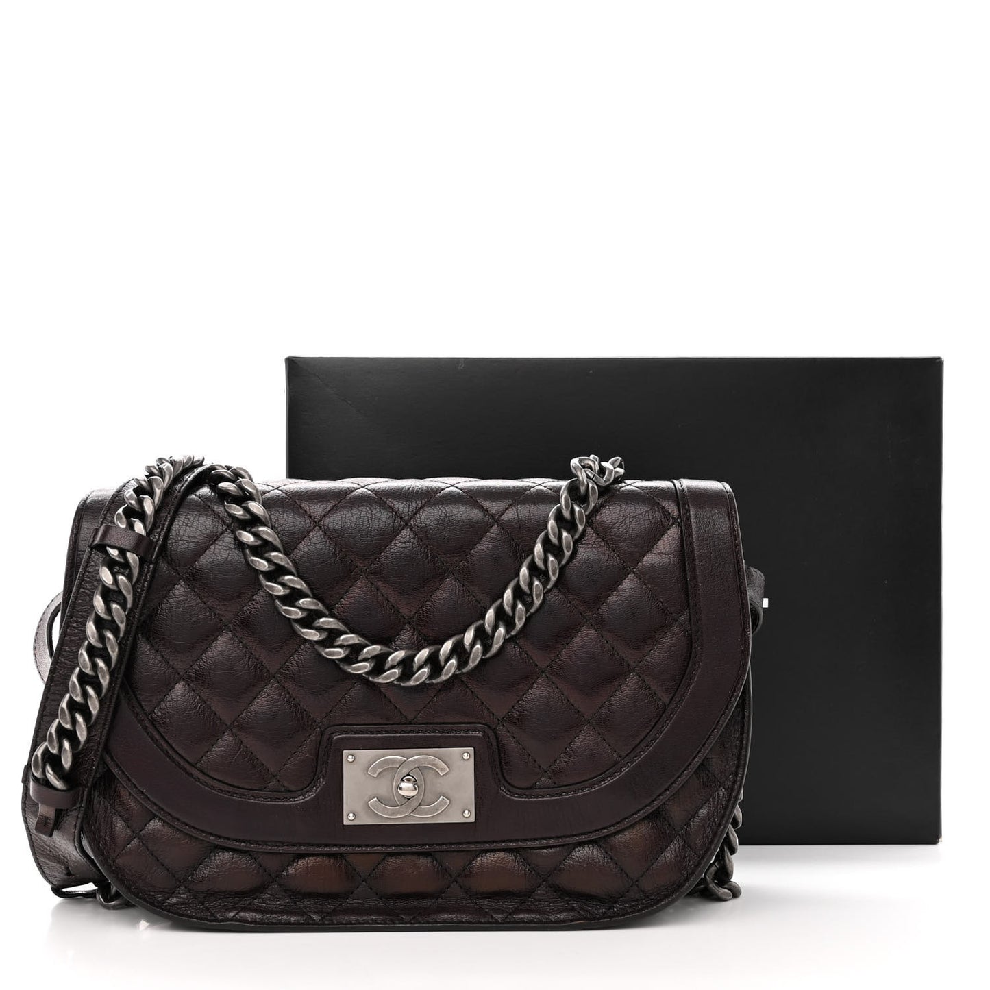 Shiny Goatskin Quilted Medium Double Chained Messenger Flap Charcoal