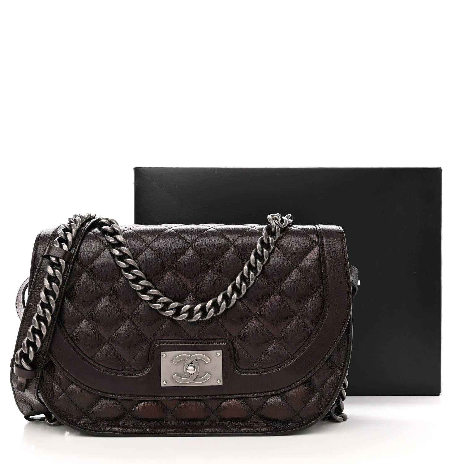 Chanel Shiny Goatskin Quilted Medium Double Chained Messenger Flap Charcoal 13 of 13