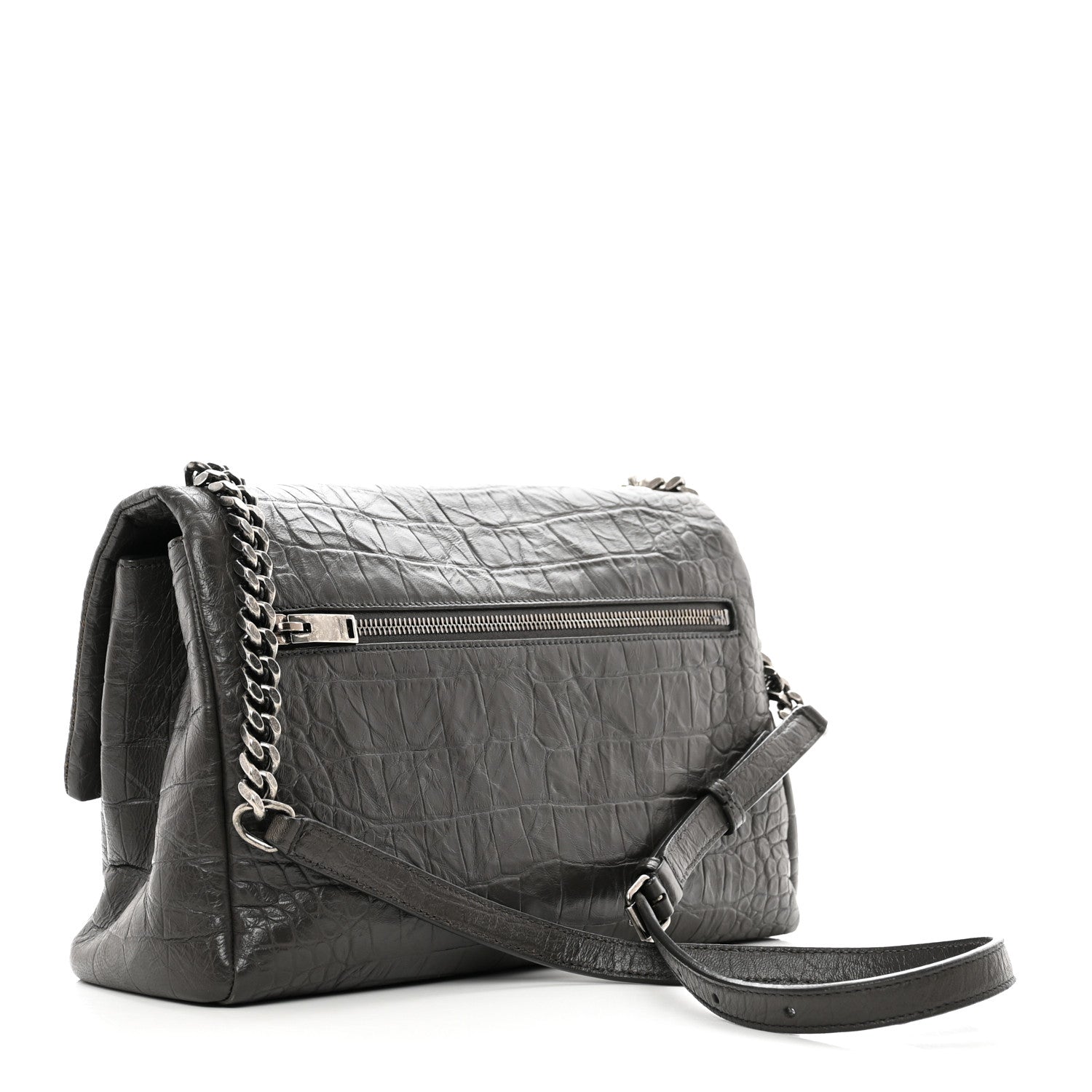 Saint Laurent Calfskin Crocodile Embossed Medium West Hollywood Monogram Fold-Over Grey 3 of 9