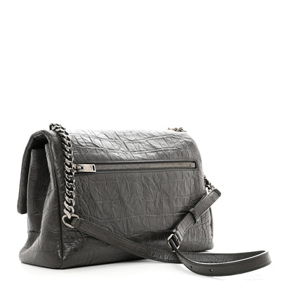 Saint Laurent Calfskin Crocodile Embossed Medium West Hollywood Monogram Fold-Over Grey 3 of 9