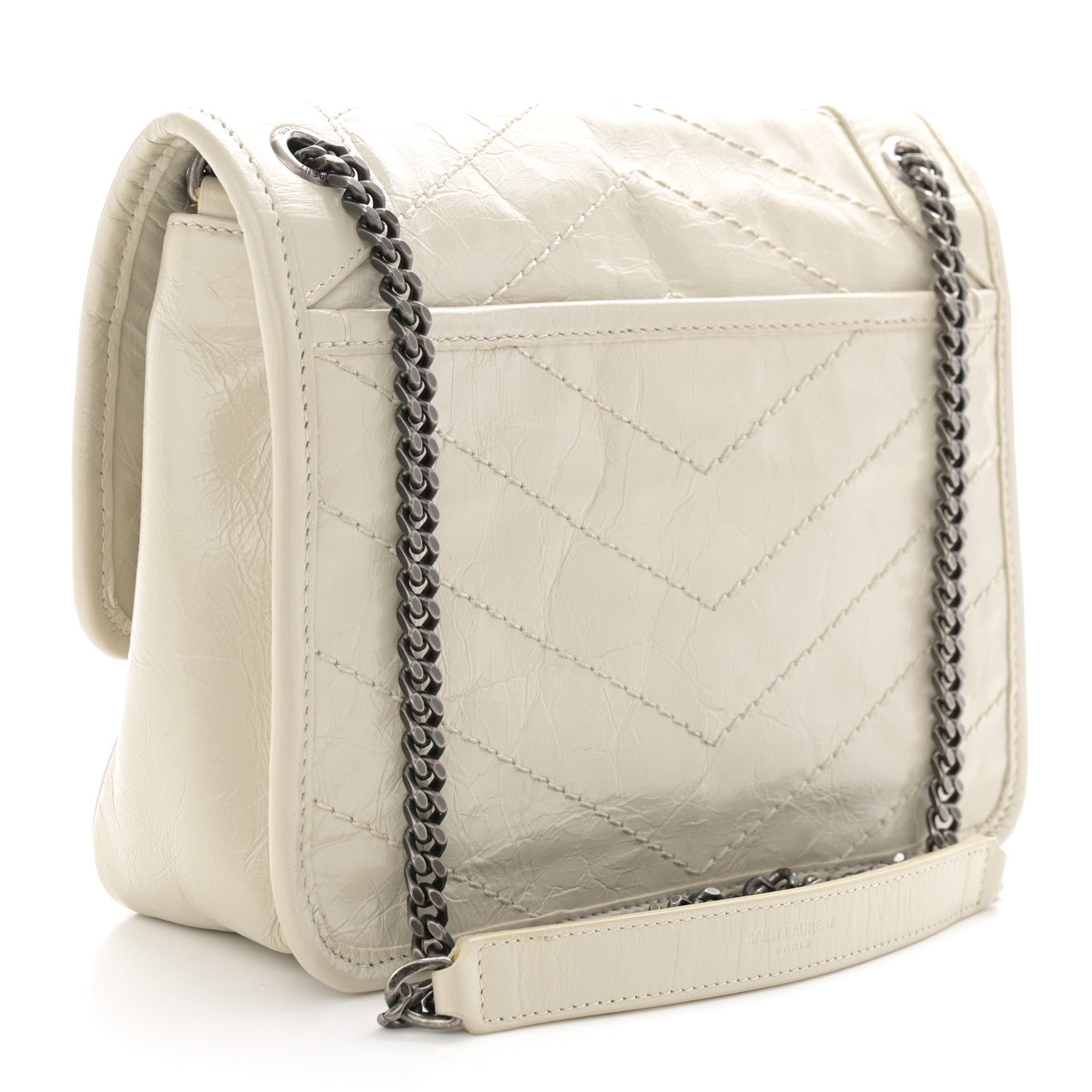 Saint Laurent Crinkled Calfskin Matelasse Monogram Baby Niki Chain Satchel Blanc Vintage 3 of 10