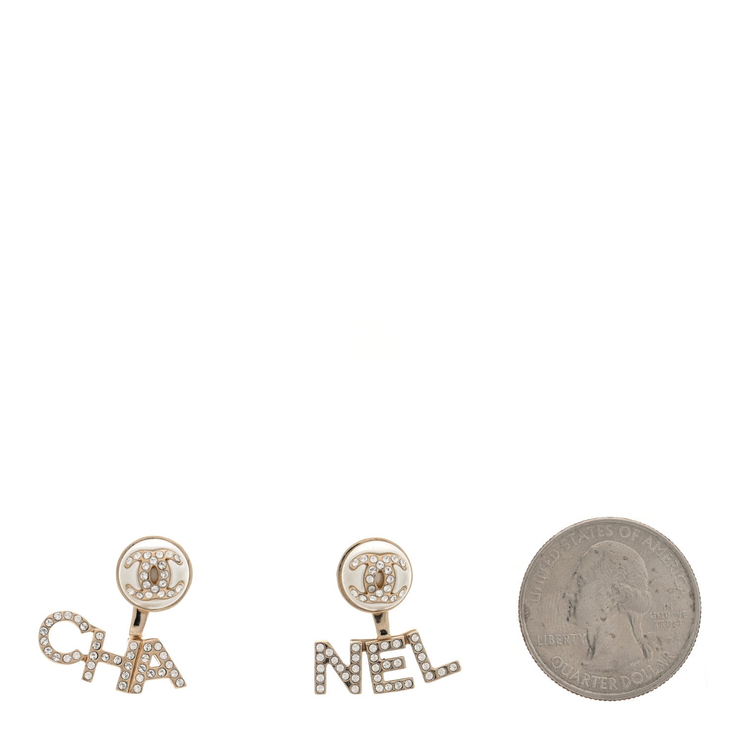 Chanel Pearl Crystal Logo Earrings Gold Pearly White 2 of 4