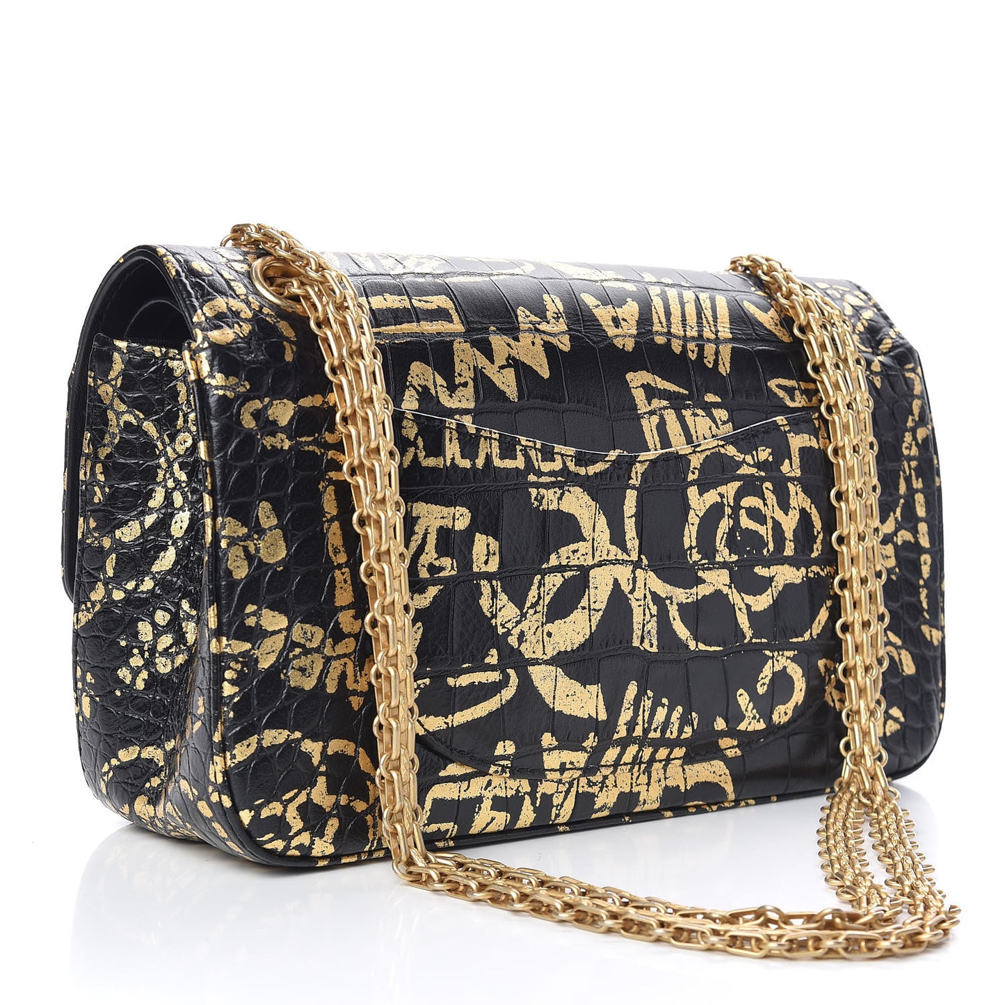 Calfskin Crocodile Embossed Graffiti 2.55 Cocodile Reissue 225 Flap Black Gold