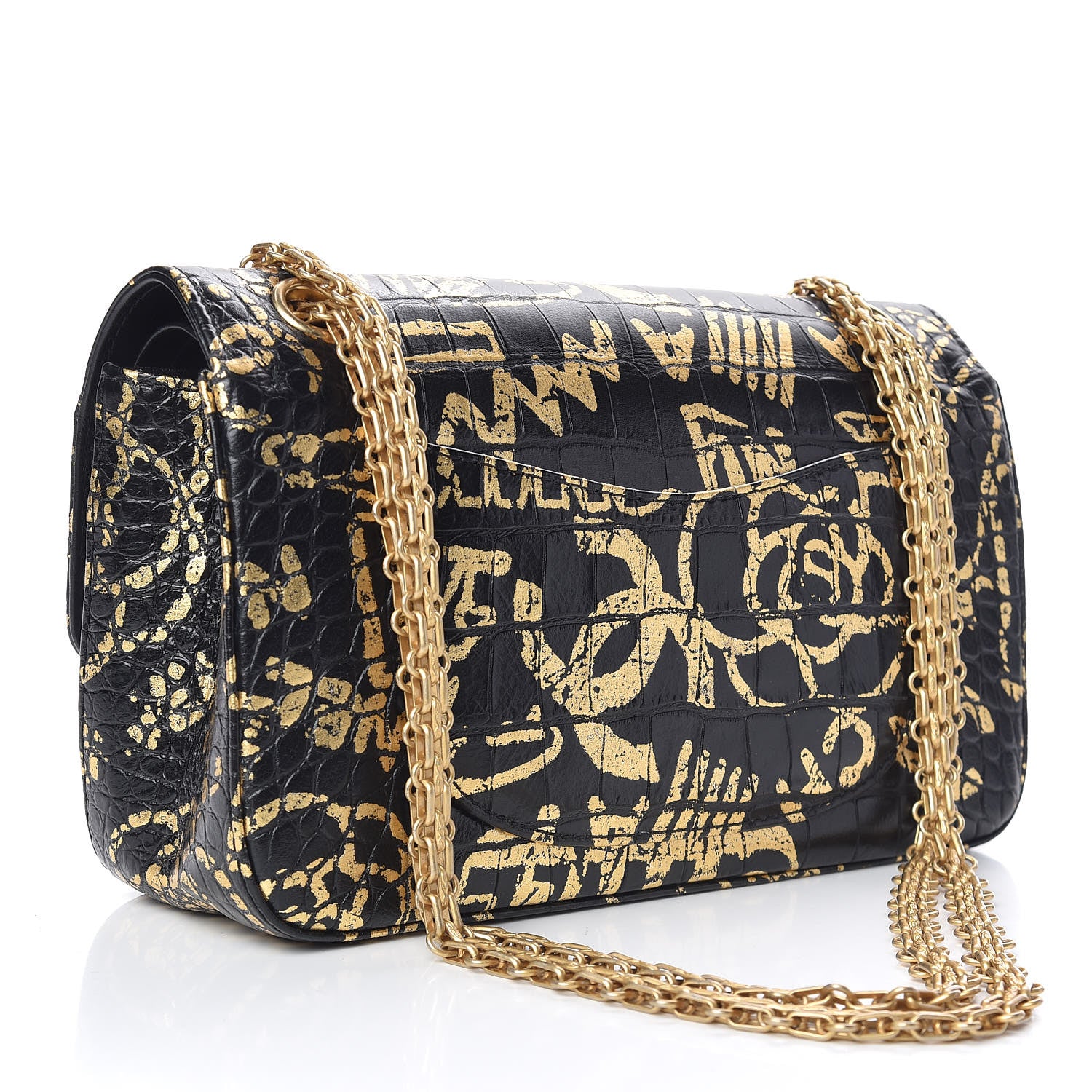Chanel Calfskin Crocodile Embossed Graffiti 2.55 Cocodile Reissue 225 Flap Black Gold 3 of 10