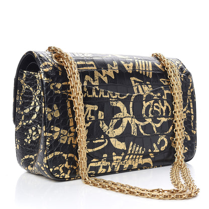Chanel Calfskin Crocodile Embossed Graffiti 2.55 Cocodile Reissue 225 Flap Black Gold 3 of 10