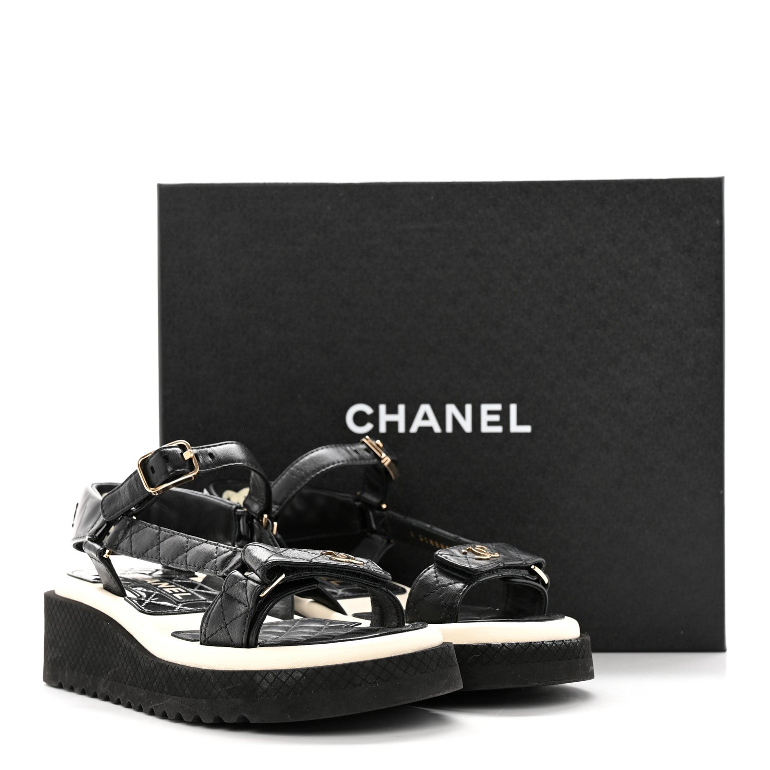 Chanel Lambskin Patent Logo Platform Sandals 37 Black White 12 of 12