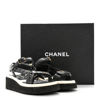 Chanel Lambskin Patent Logo Platform Sandals 37 Black White 12 of 12