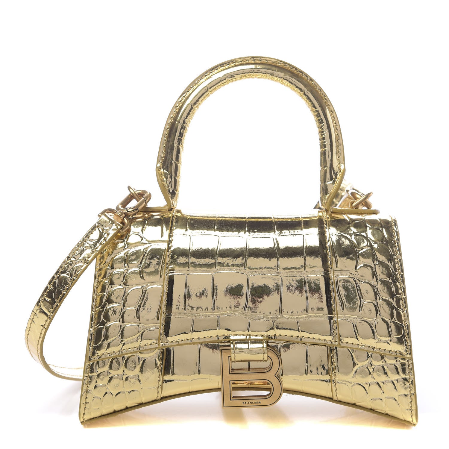 Balenciaga Metallic Calfskin Crocodile Embossed Hourglass Top Handle Bag XS Gold 1 of 10