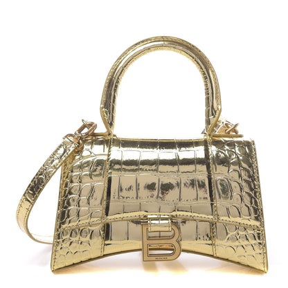 Balenciaga Metallic Calfskin Crocodile Embossed Hourglass Top Handle Bag XS Gold 1 of 10