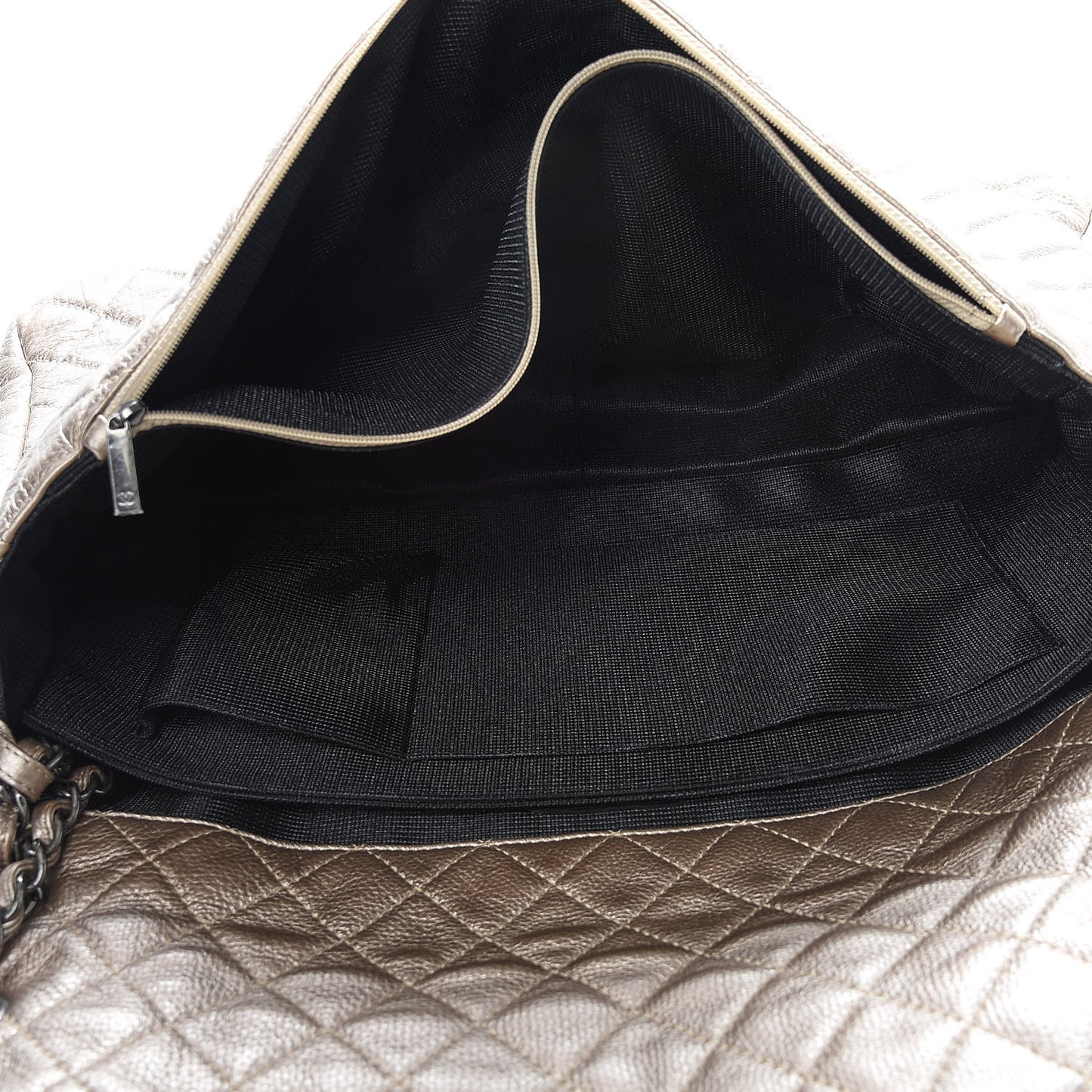 Metallic Calfskin Quilted XXL Travel Flap Bag Gold